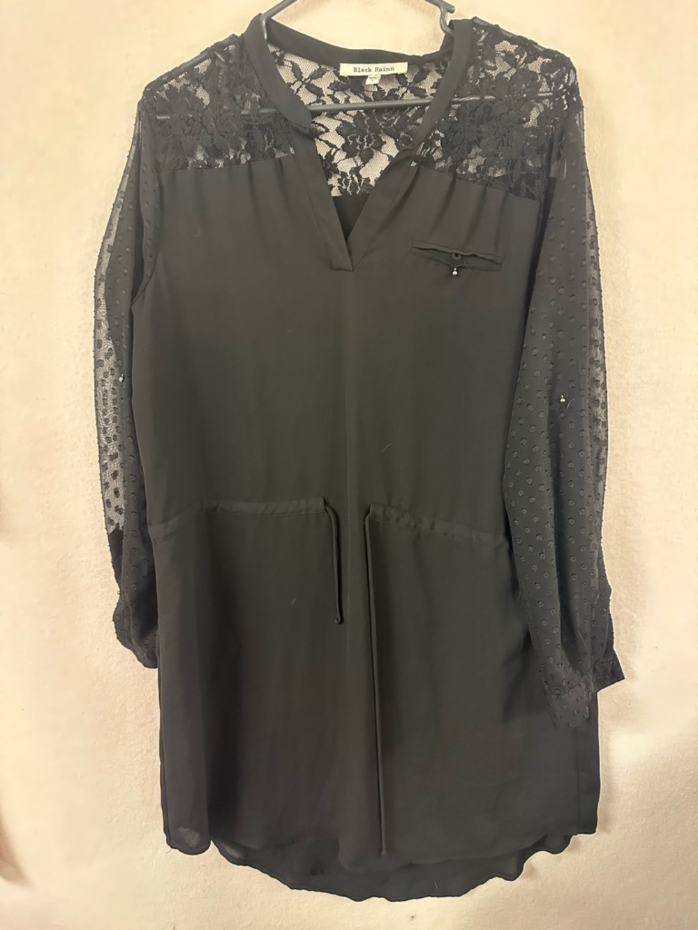 Black Rainn Black Chiffon Lace 3/4 Sleeve Tunic Dress Lace Tie Waist - Size L